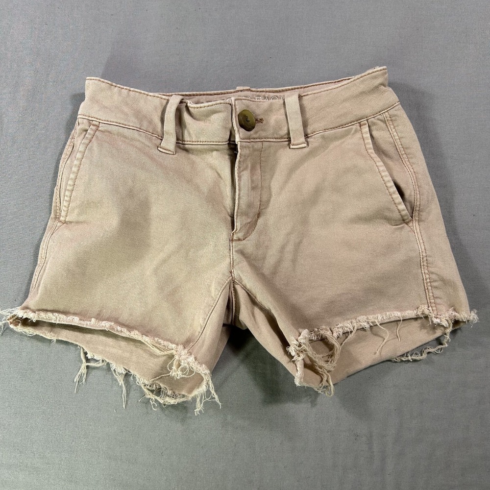 American Eagle Shorts Womens 00 Beige Midi Super Stretch Distressed Jean Cut-Off